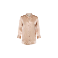 The Dani Silk Blouse is a light beige, long-sleeved, silk charmeuse button-up shirt with a collar, shown against a plain white background.