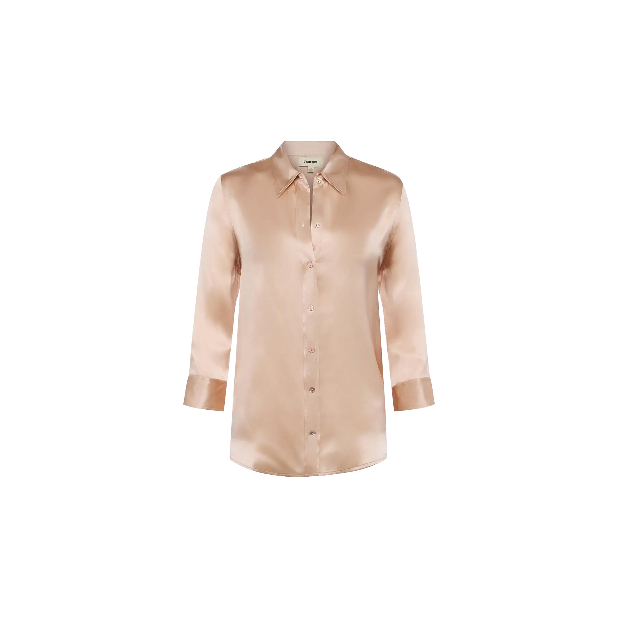 The Dani Silk Blouse is a light beige, long-sleeved, silk charmeuse button-up shirt with a collar, shown against a plain white background.
