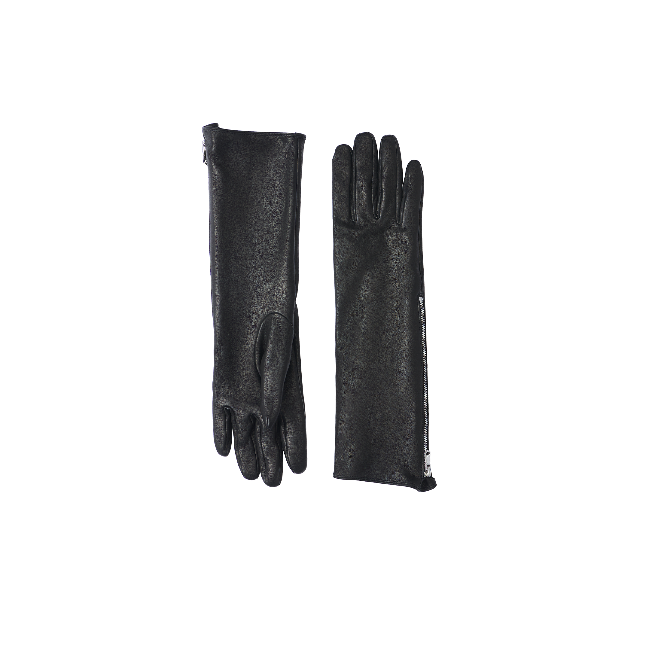 The Carmen Gloves are a pair of luxury long black lambskin leather gloves, one displayed palm up and the other palm down, each featuring a stylish zipper detail along the side.