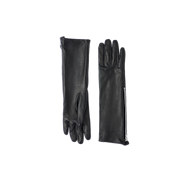 The Carmen Gloves are a pair of luxury long black lambskin leather gloves, one displayed palm up and the other palm down, each featuring a stylish zipper detail along the side.