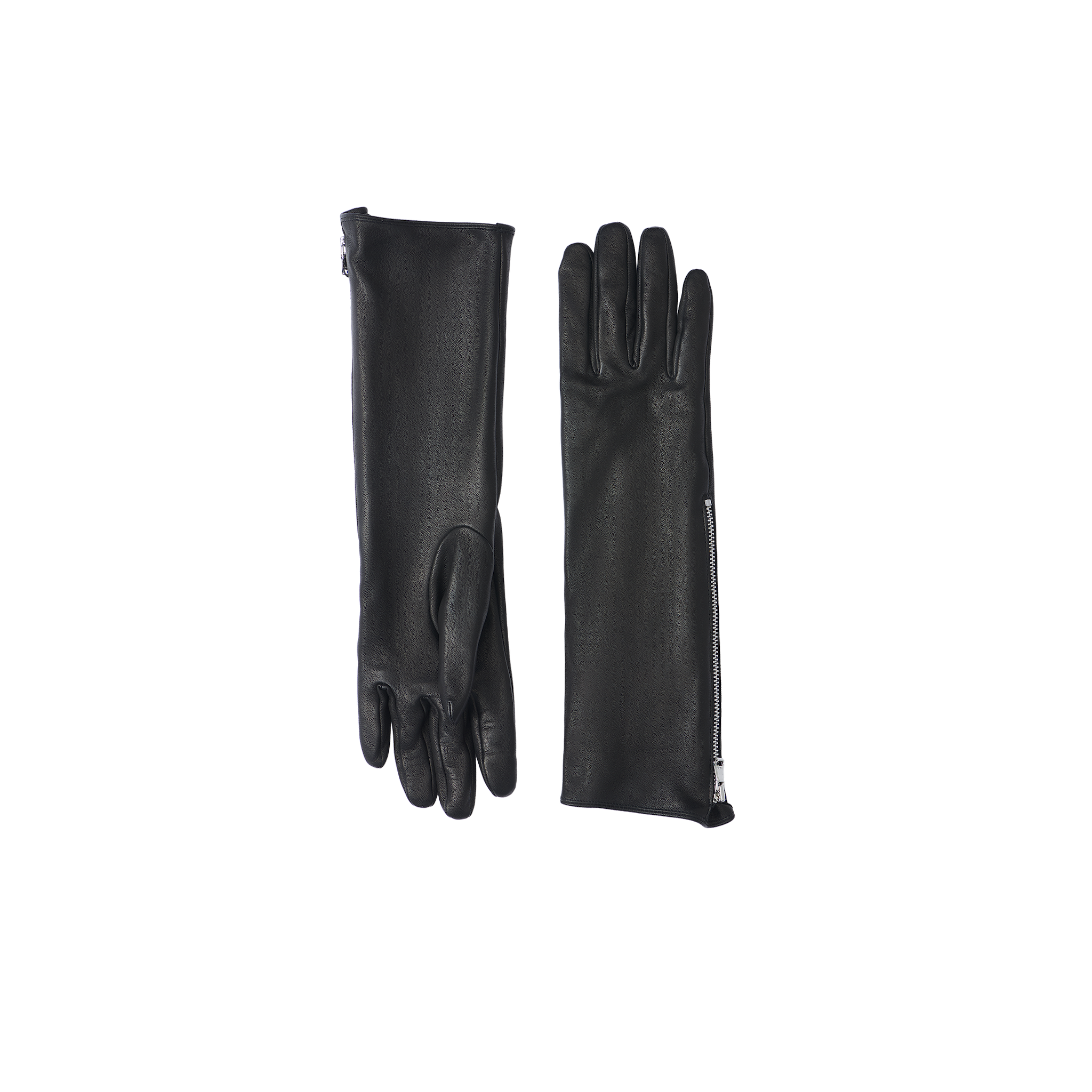 The Carmen Gloves are a pair of luxury long black lambskin leather gloves, one displayed palm up and the other palm down, each featuring a stylish zipper detail along the side.