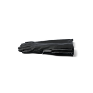 A pair of Carmen Gloves, crafted from long black lambskin and featuring zippers near the wrists, are neatly stacked on a white surface.