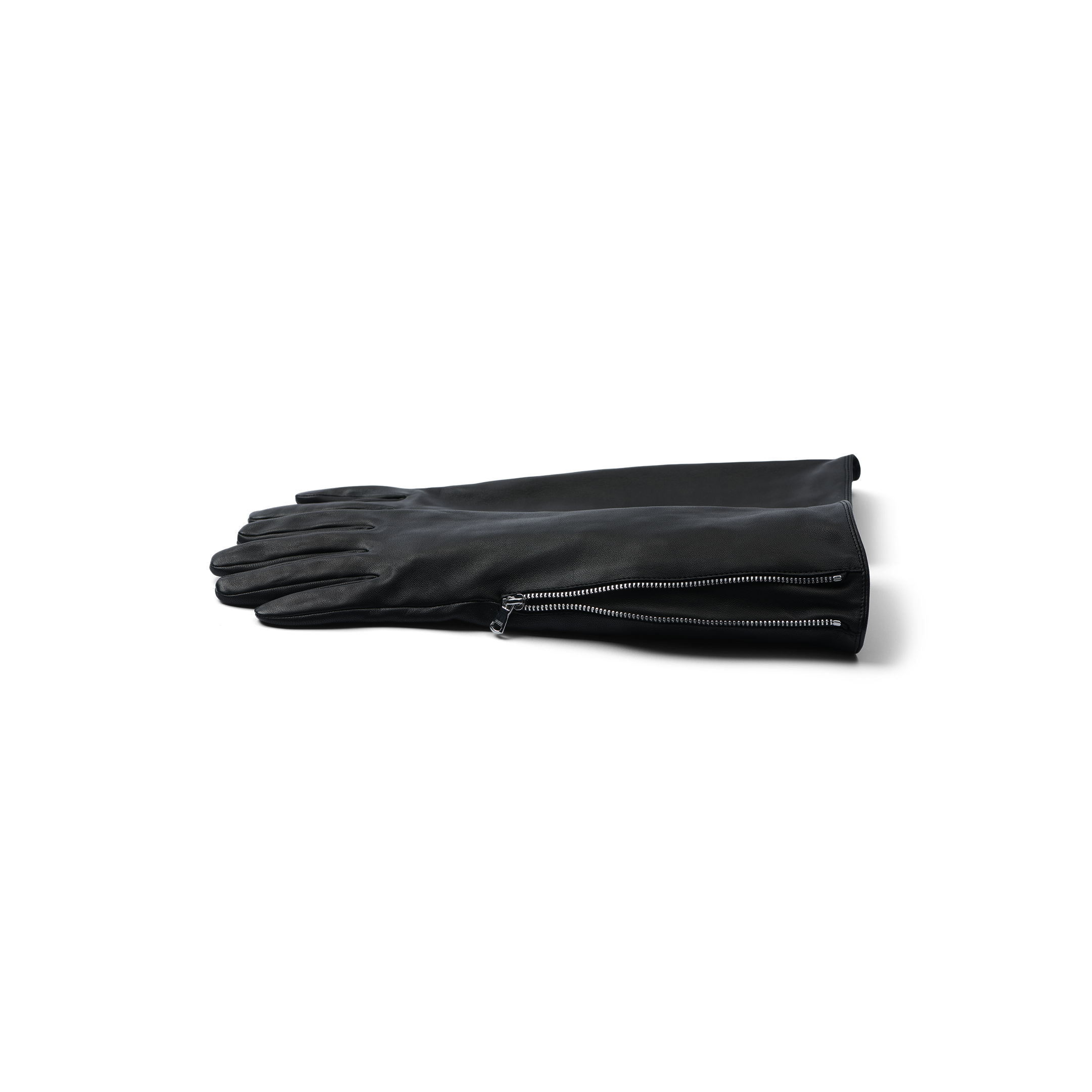 A pair of Carmen Gloves, crafted from long black lambskin and featuring zippers near the wrists, are neatly stacked on a white surface.
