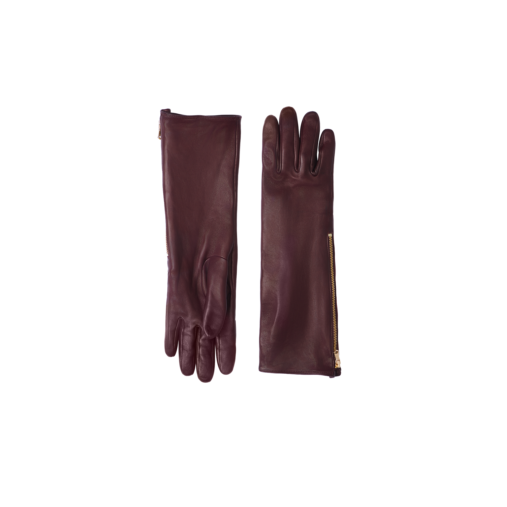 The Carmen Gloves are a pair of long, dark brown luxury gloves made from lambskin leather, featuring gold zippers on the sides and displayed flat against a white background.