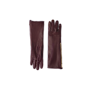 The Carmen Gloves are a pair of long, dark brown luxury gloves made from lambskin leather, featuring gold zippers on the sides and displayed flat against a white background.