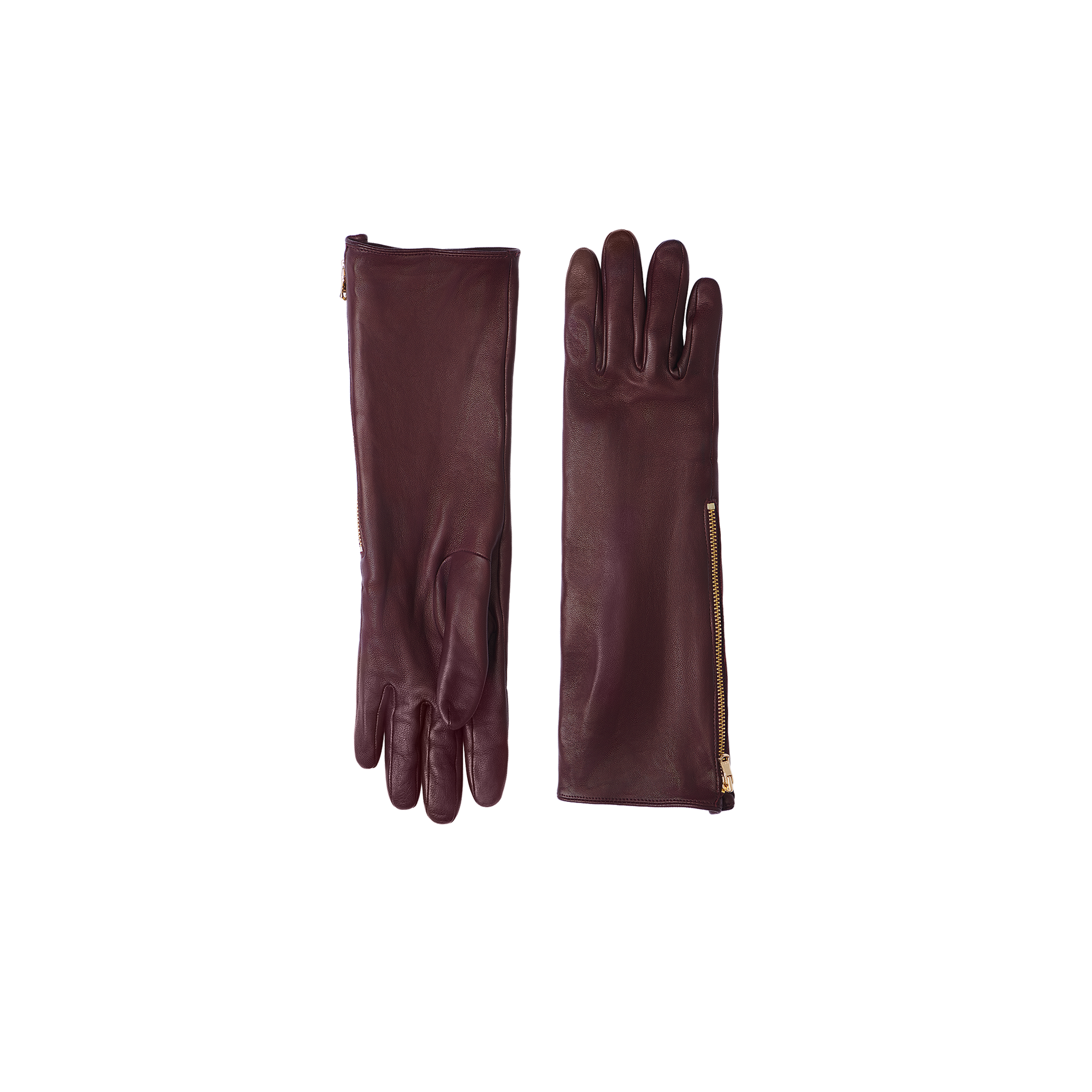 The Carmen Gloves are a pair of long, dark brown luxury gloves made from lambskin leather, featuring gold zippers on the sides and displayed flat against a white background.