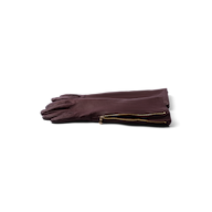 A pair of Carmen Gloves crafted from long, dark brown lambskin leather with gold side zippers, neatly stacked on a white background.