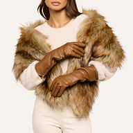 A woman wearing the Carmen Gloves poses with her arms crossed in front of her torso, styled in a faux fur jacket, cream sweater, and beige pants against a light background.