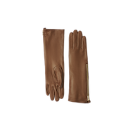 A pair of Carmen Gloves in luxurious brown leather, one displaying the palm and the other the back, featuring a prominent gold zipper along the side. The gloves are presented against a plain white background.