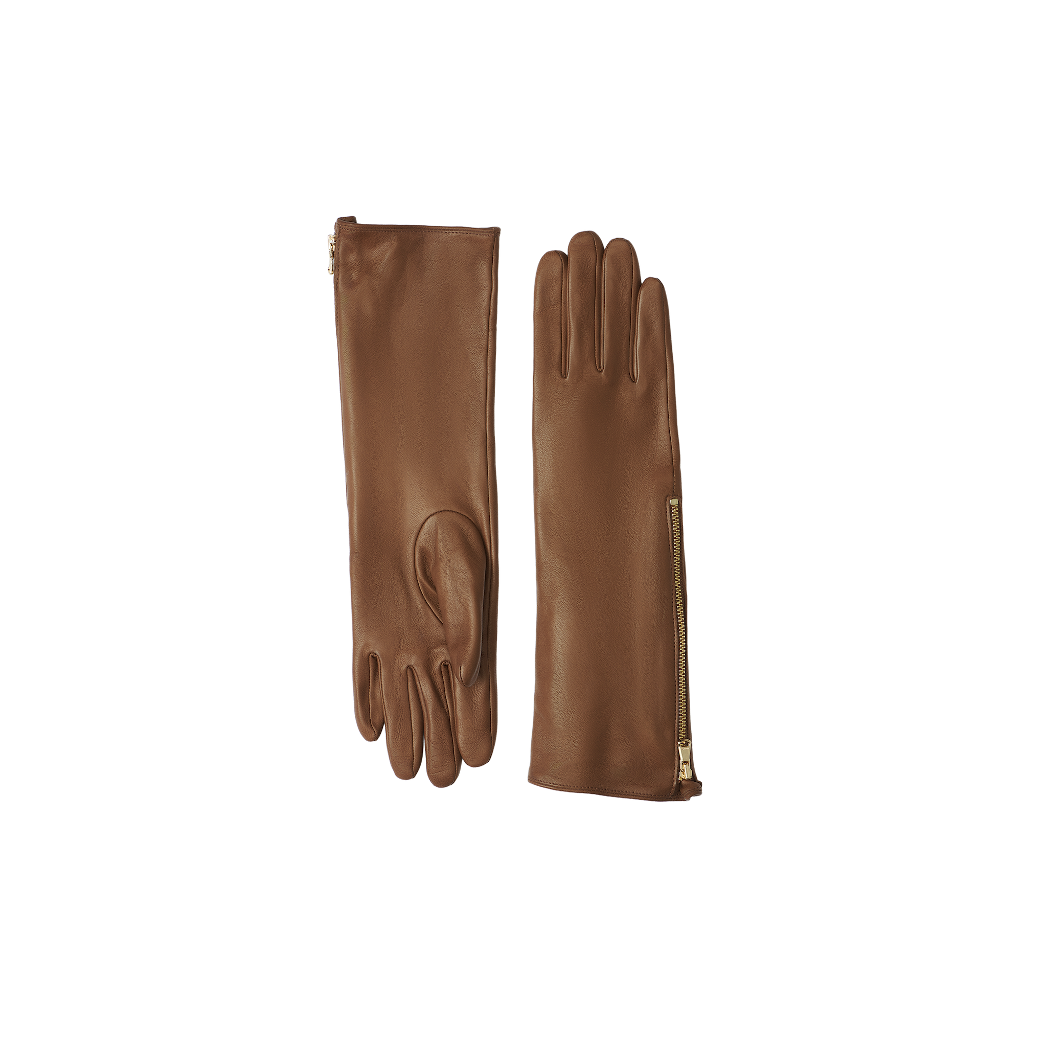A pair of Carmen Gloves in luxurious brown leather, one displaying the palm and the other the back, featuring a prominent gold zipper along the side. The gloves are presented against a plain white background.