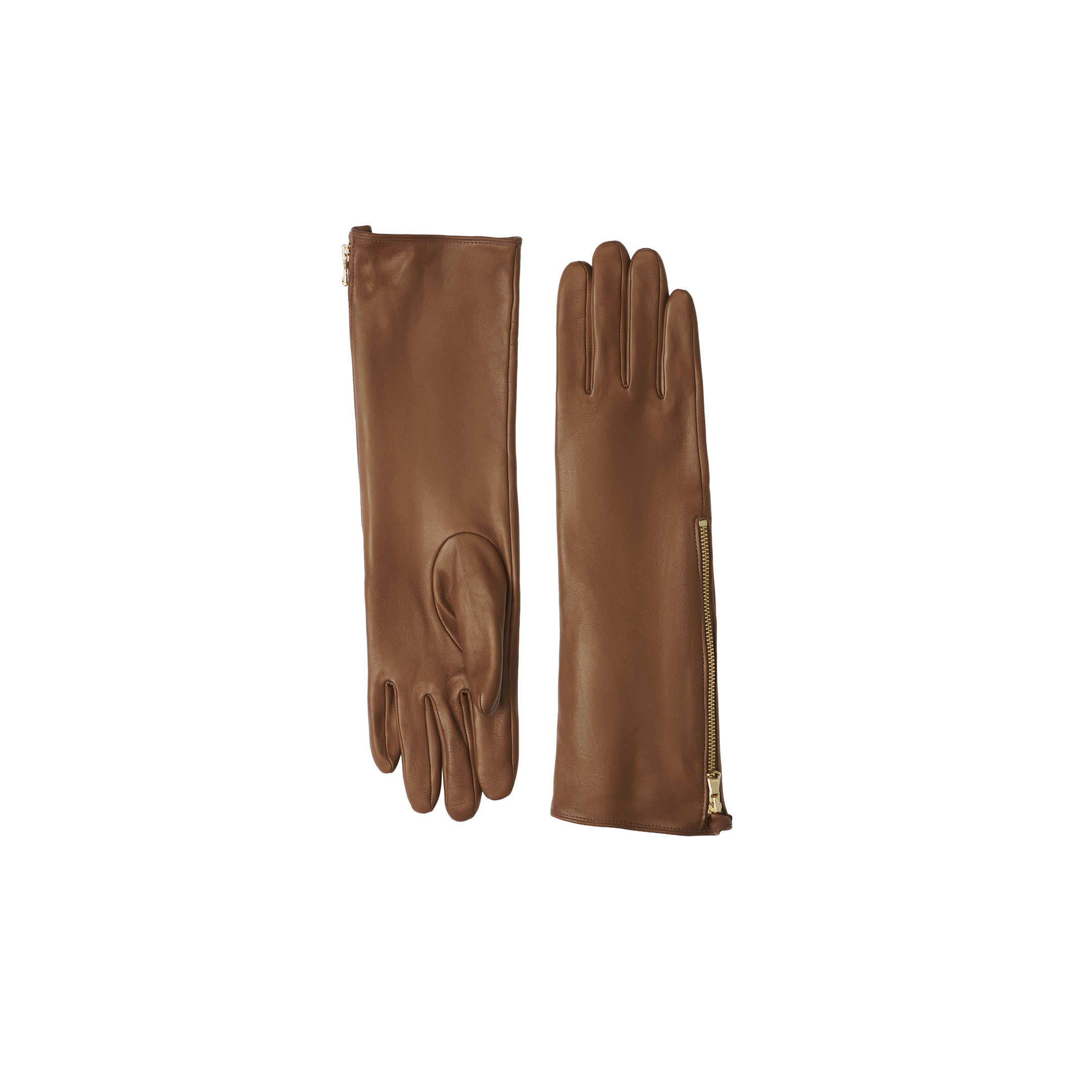 A pair of Carmen Gloves in luxurious brown leather, one displaying the palm and the other the back, featuring a prominent gold zipper along the side. The gloves are presented against a plain white background.