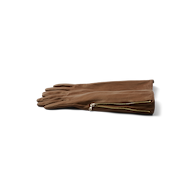 A pair of Carmen Gloves made from brown lambskin with gold zippers near the wrists, displayed flat on a white background.