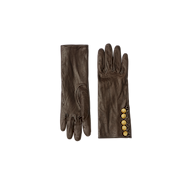 A pair of Tosca Gloves in brown lambskin, displayed on a plain white background—one glove shows the palm while the other reveals the back adorned with five gold buttons along the wrist.