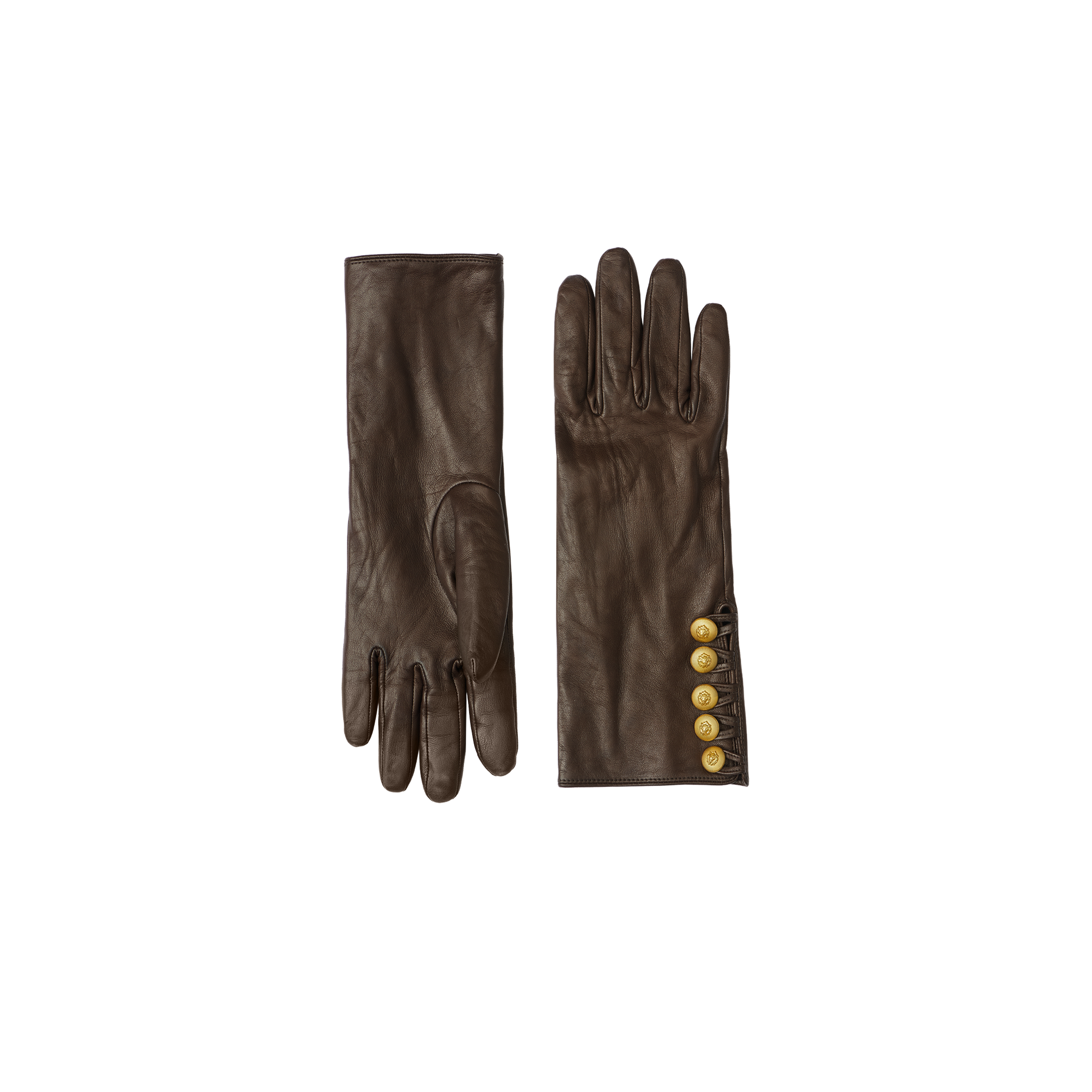 A pair of Tosca Gloves in brown lambskin, displayed on a plain white background—one glove shows the palm while the other reveals the back adorned with five gold buttons along the wrist.