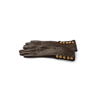 A pair of Tosca Gloves in dark brown lambskin, each featuring four gold buttons at the wrist, displayed flat on a plain white background.
