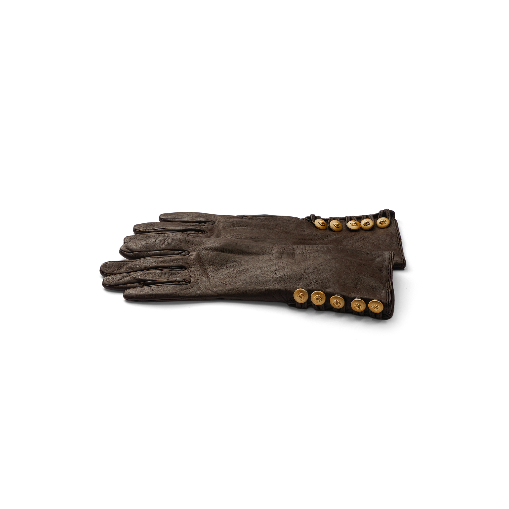 A pair of Tosca Gloves in dark brown lambskin, each featuring four gold buttons at the wrist, displayed flat on a plain white background.