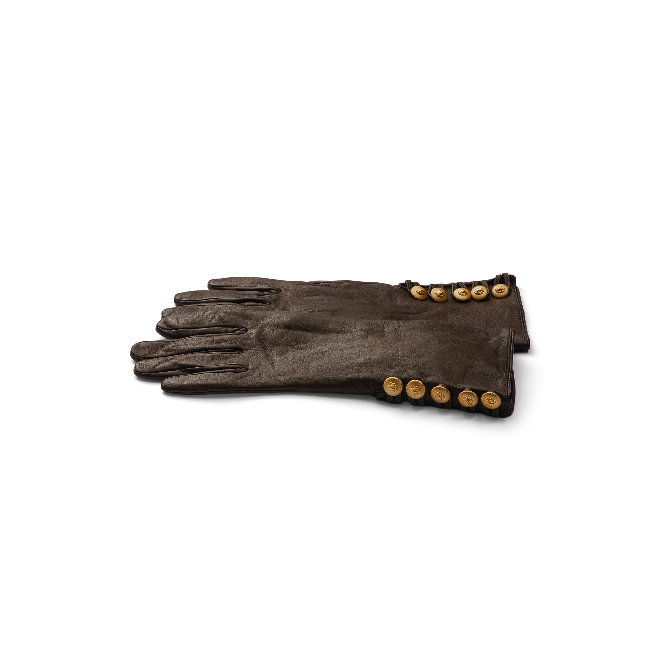A pair of Tosca Gloves in dark brown lambskin, each featuring four gold buttons at the wrist, displayed flat on a plain white background.