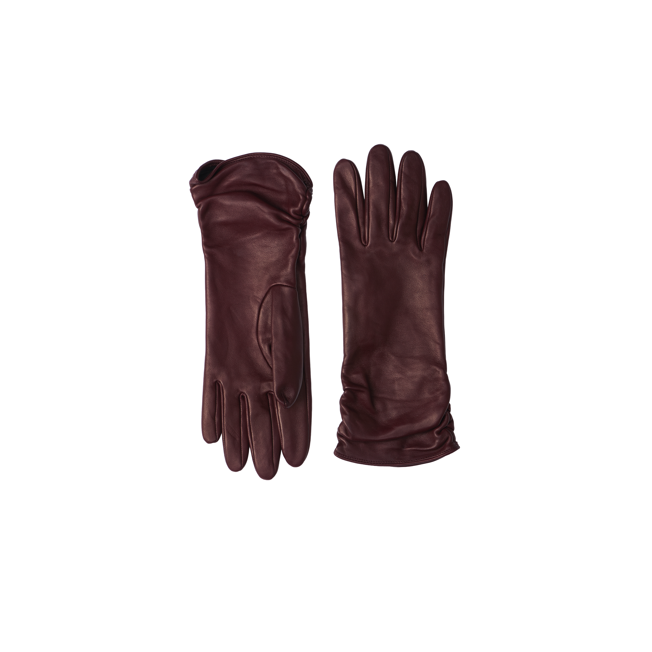 A pair of Boheme Gloves, crafted from luxurious burgundy leather, with one glove shown palm up and the other palm down, displayed against a plain white background.