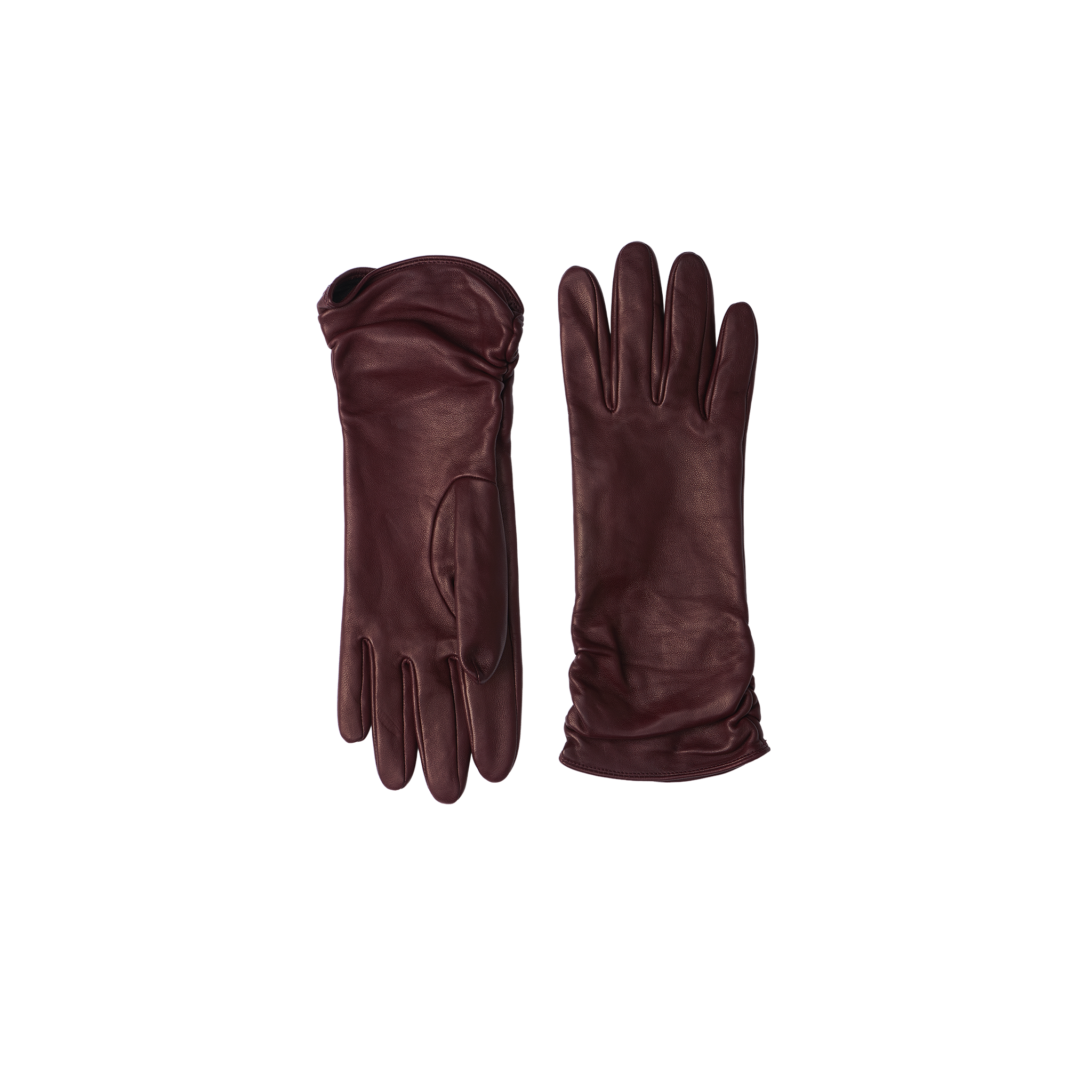 A pair of Boheme Gloves, crafted from luxurious burgundy leather, with one glove shown palm up and the other palm down, displayed against a plain white background.