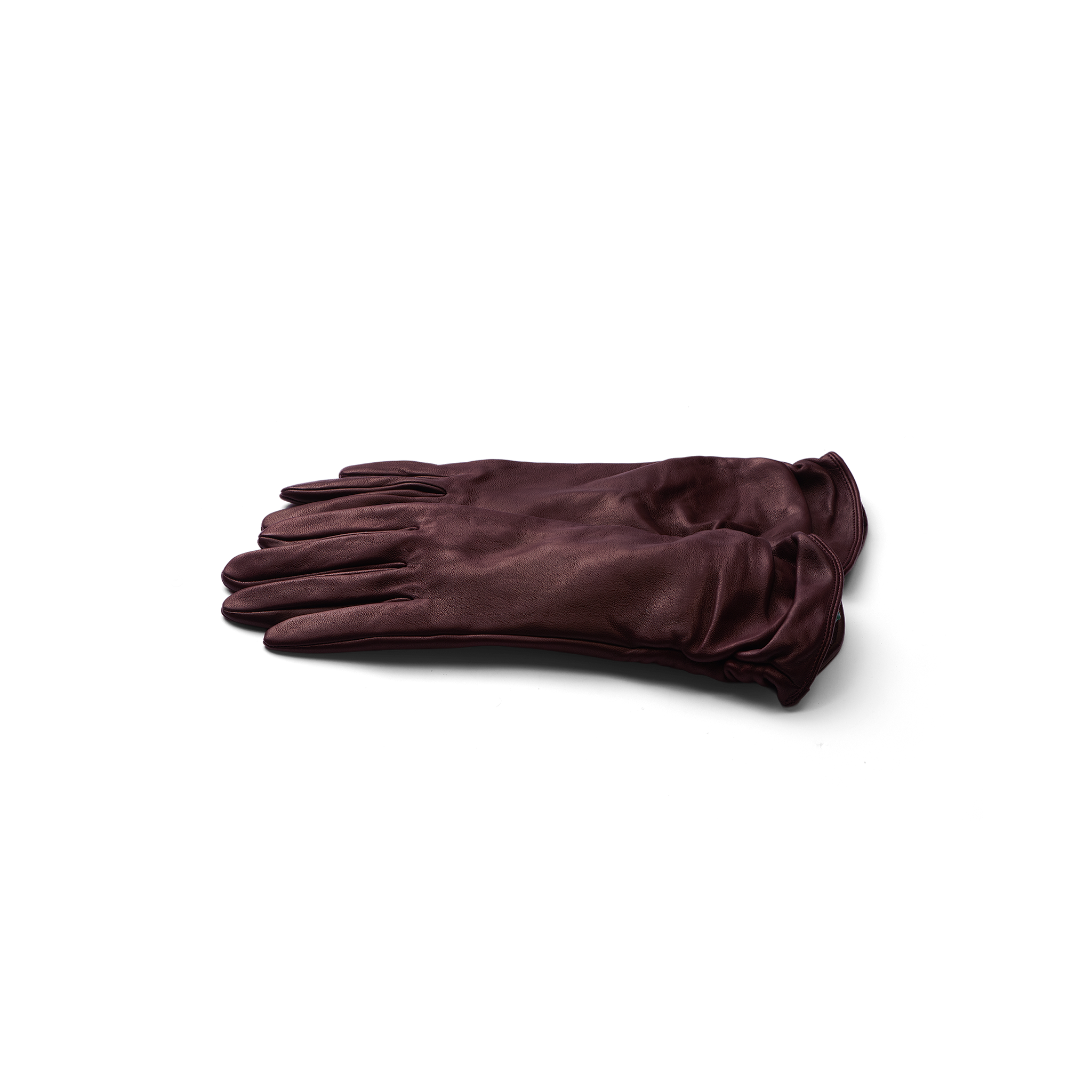 A pair of Boheme Gloves in luxurious burgundy lambskin leather, neatly stacked on a plain white background.