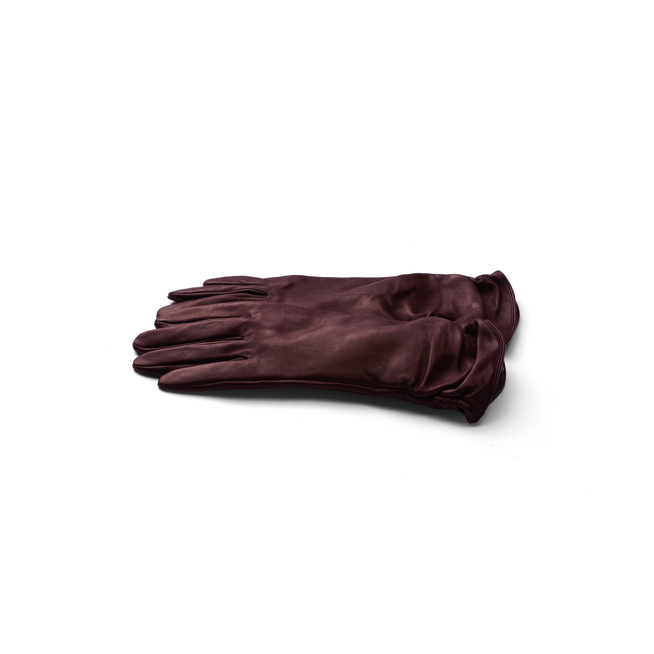 A pair of Boheme Gloves in luxurious burgundy lambskin leather, neatly stacked on a plain white background.