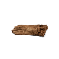 A pair of Boheme Gloves crafted from luxurious brown lambskin leather is laid flat on a white surface, with one glove neatly stacked atop the other.