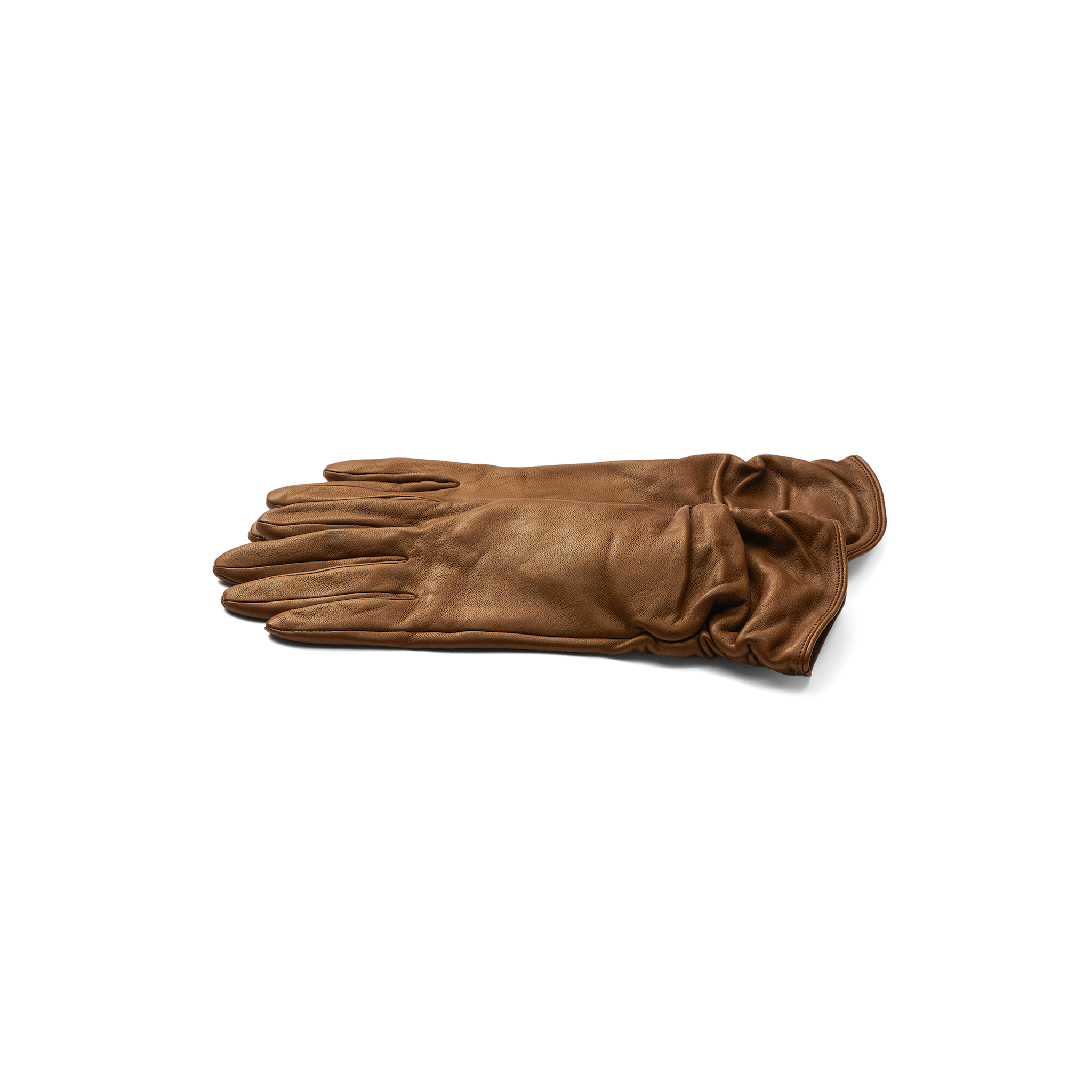 A pair of Boheme Gloves crafted from luxurious brown lambskin leather is laid flat on a white surface, with one glove neatly stacked atop the other.