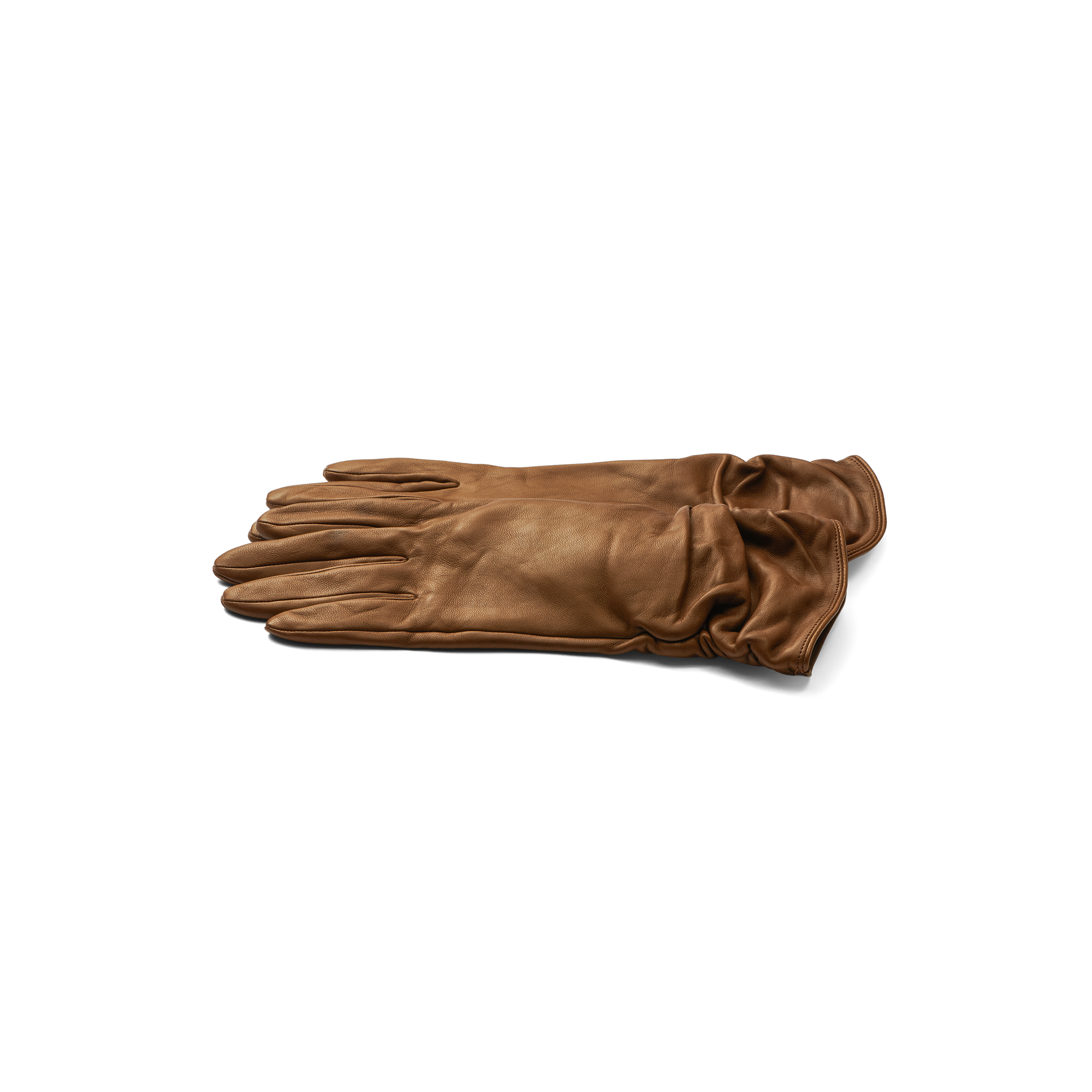 A pair of Boheme Gloves crafted from luxurious brown lambskin leather is laid flat on a white surface, with one glove neatly stacked atop the other.