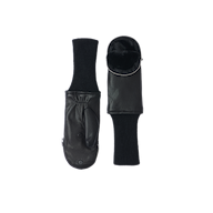 Two Tempo Mittens in black leather with long knit cuffs are displayed, one revealing the palm side with a thumb section and the other showing the back with a visible zipper that opens to a soft, faux fur lined interior.