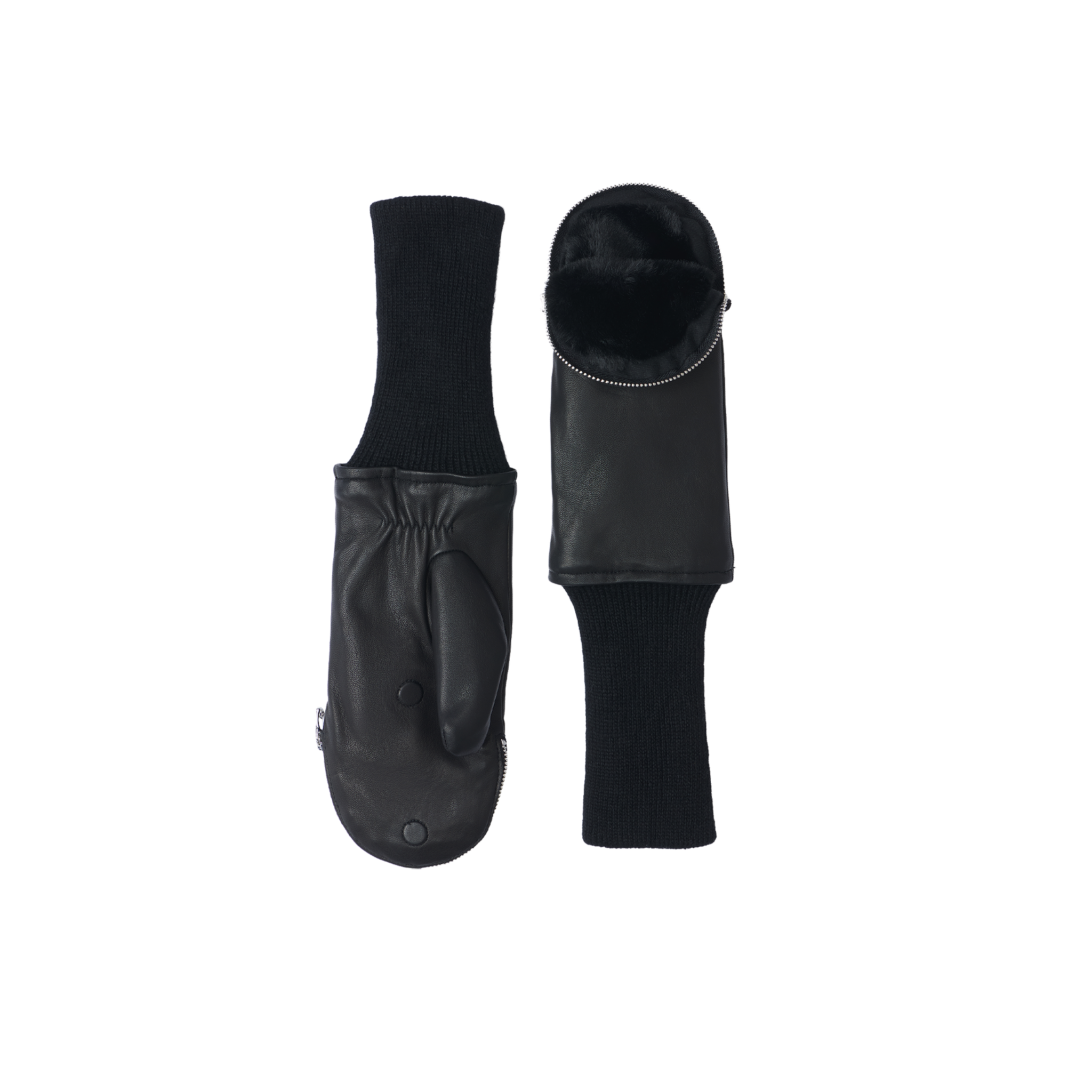 Two Tempo Mittens in black leather with long knit cuffs are displayed, one revealing the palm side with a thumb section and the other showing the back with a visible zipper that opens to a soft, faux fur lined interior.