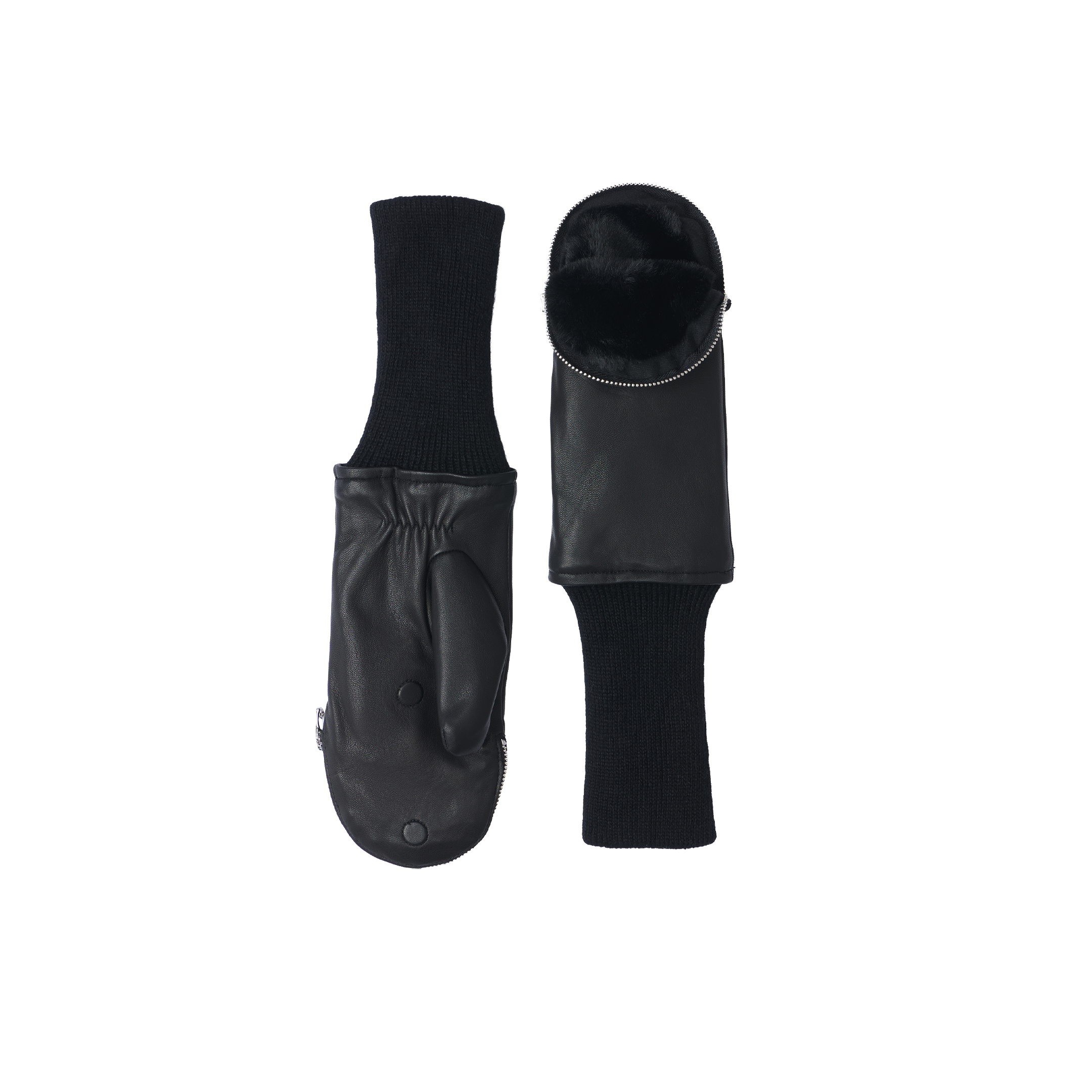 Two Tempo Mittens in black leather with long knit cuffs are displayed, one revealing the palm side with a thumb section and the other showing the back with a visible zipper that opens to a soft, faux fur lined interior.