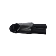 Presenting the Tempo Mittens dog jacket: a black leather and knit design laid flat on a white background, featuring a zipper, cozy knit sleeves, and a soft inner lining inspired by the plush feel of faux fur-lined luxury gloves.