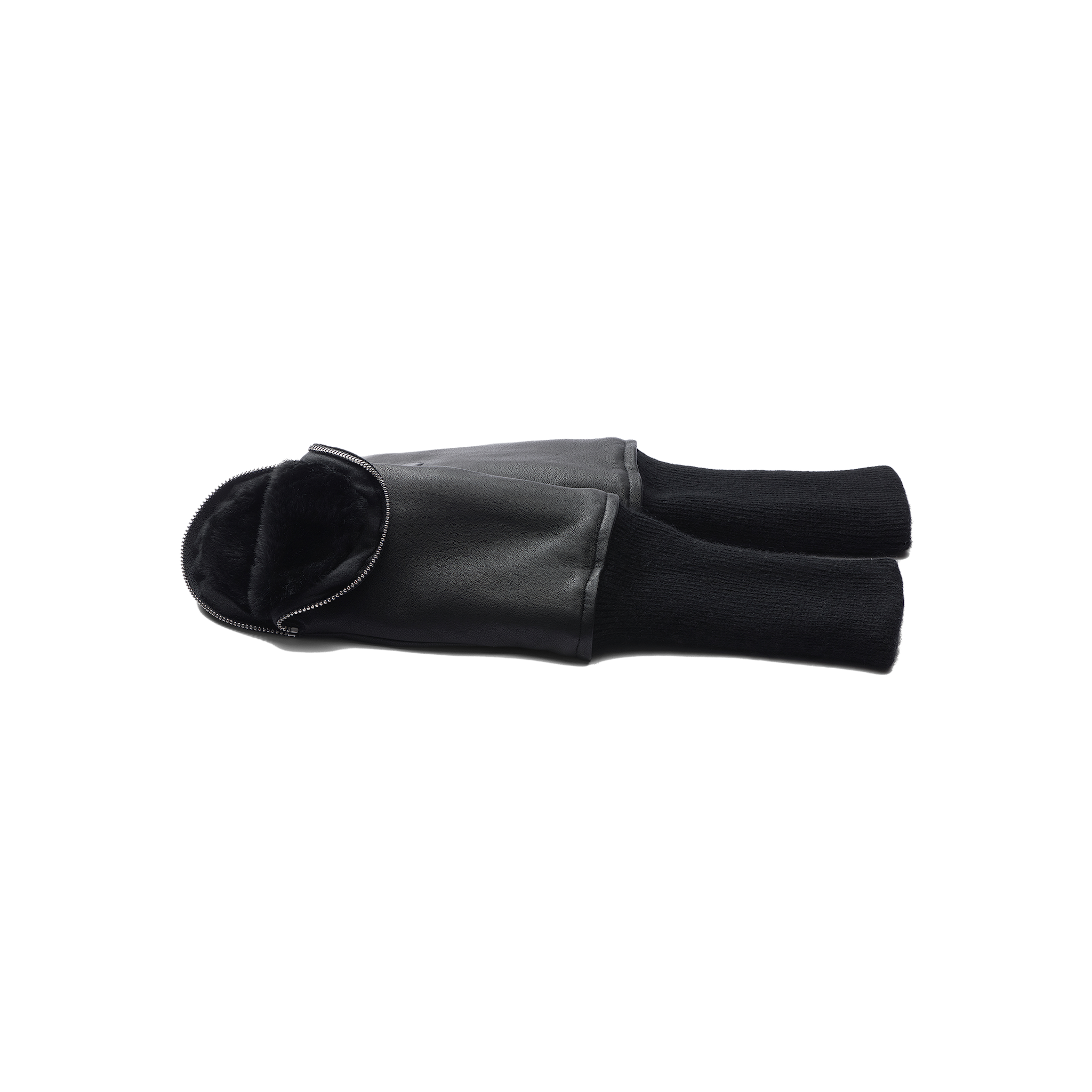 Presenting the Tempo Mittens dog jacket: a black leather and knit design laid flat on a white background, featuring a zipper, cozy knit sleeves, and a soft inner lining inspired by the plush feel of faux fur-lined luxury gloves.