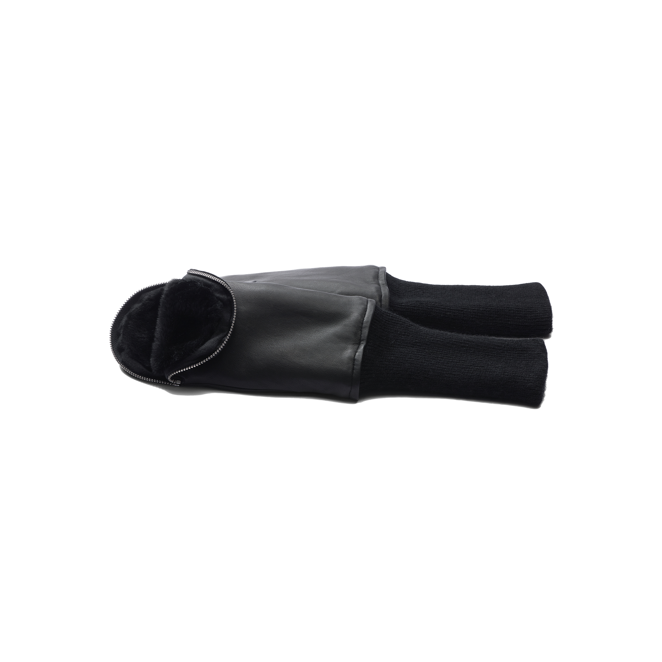Presenting the Tempo Mittens dog jacket: a black leather and knit design laid flat on a white background, featuring a zipper, cozy knit sleeves, and a soft inner lining inspired by the plush feel of faux fur-lined luxury gloves.