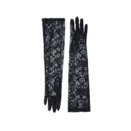 A pair of Symphony Lace Gloves in elegant black lace is displayed flat on a white background, with one glove showing the front and the other displaying the back.