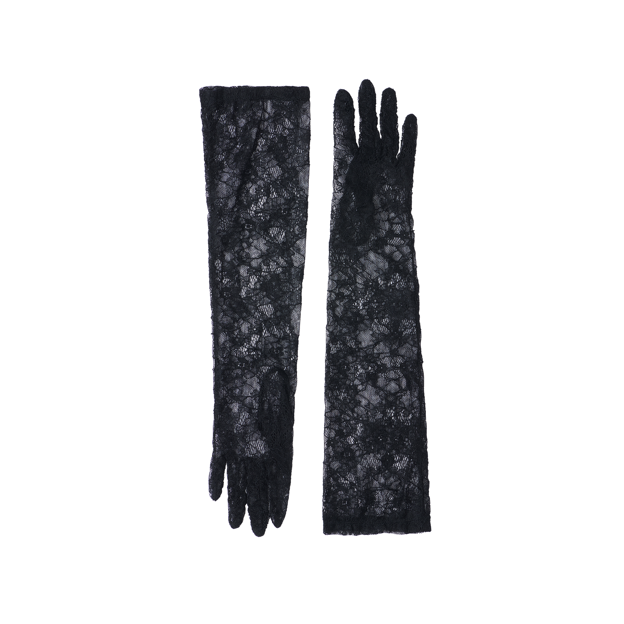 A pair of Symphony Lace Gloves in elegant black lace is displayed flat on a white background, with one glove showing the front and the other displaying the back.