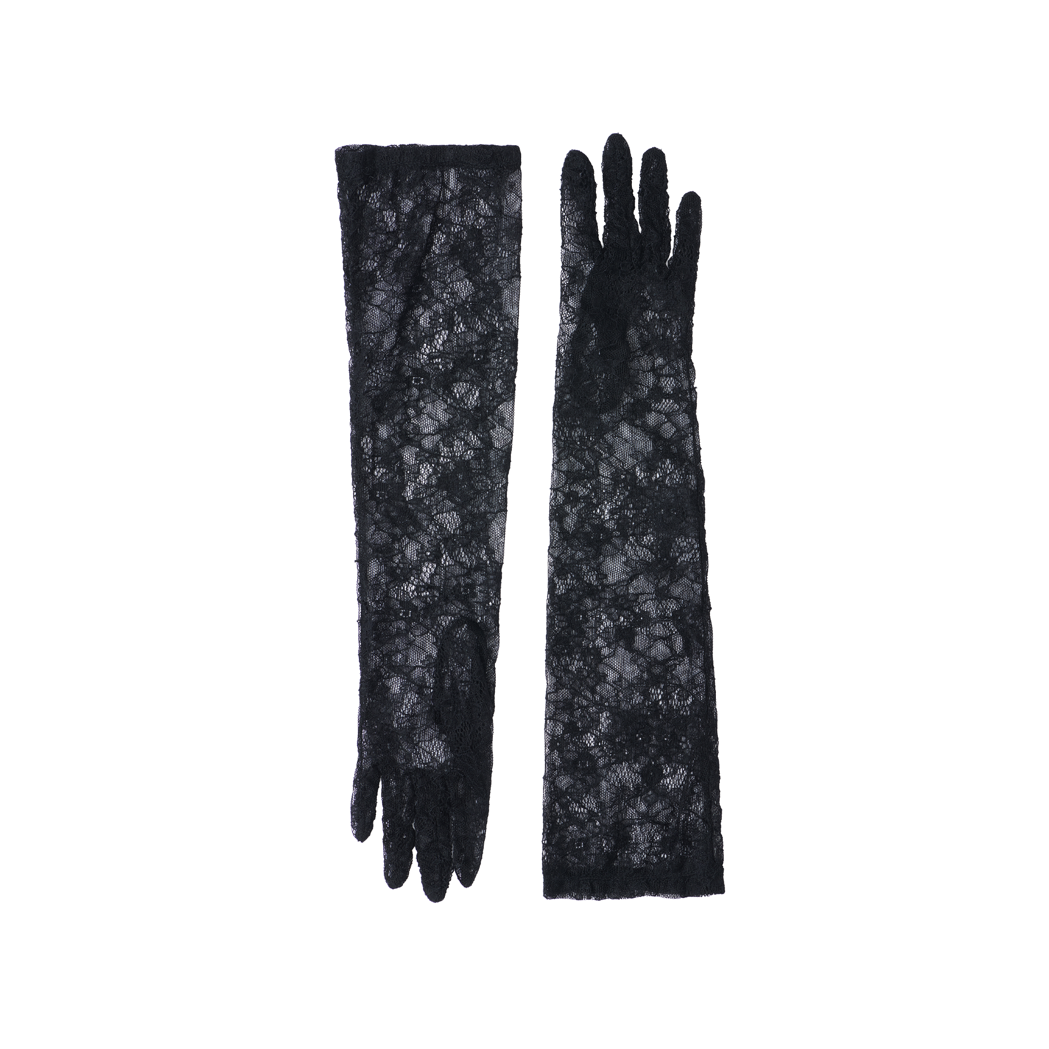A pair of Symphony Lace Gloves in elegant black lace is displayed flat on a white background, with one glove showing the front and the other displaying the back.