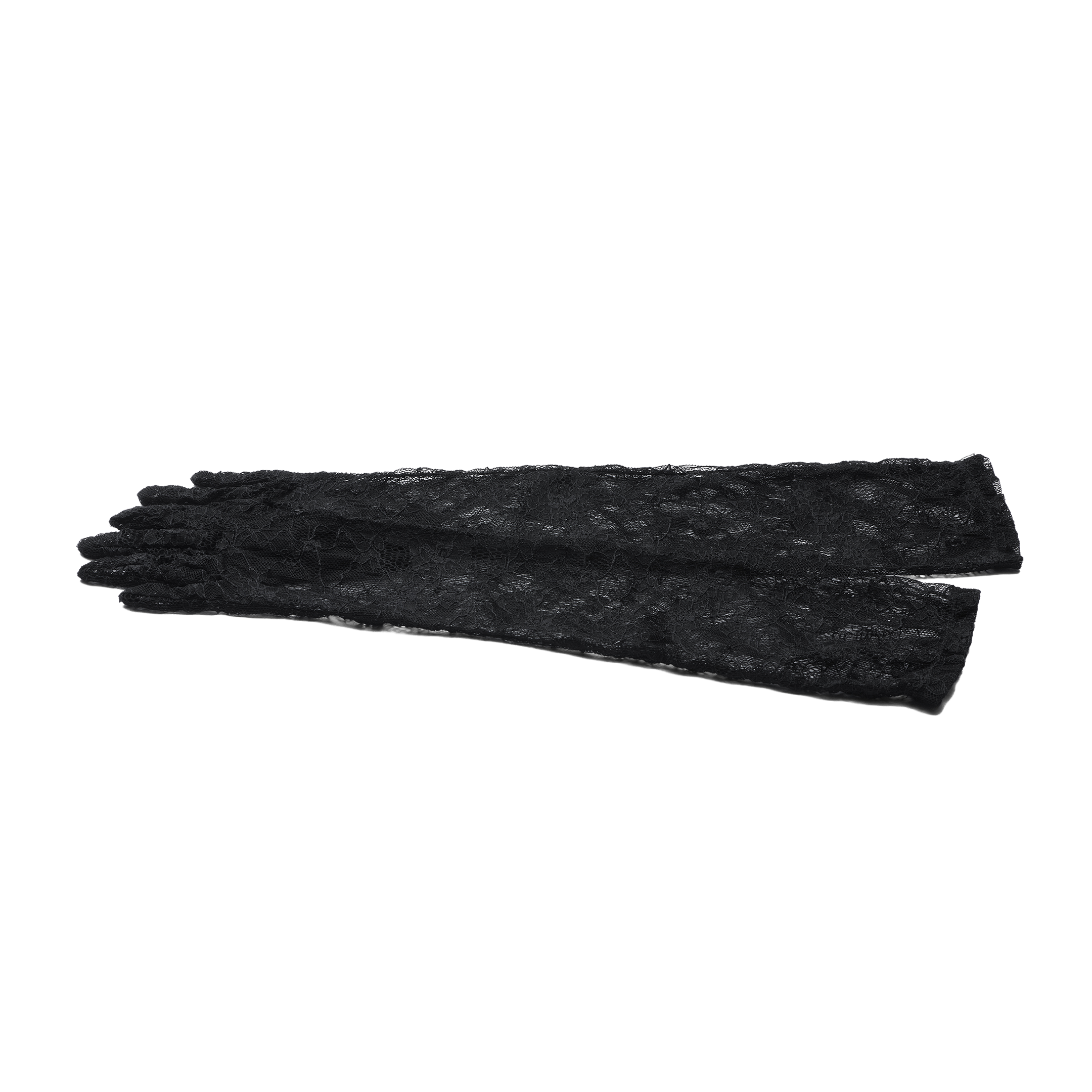 A pair of Symphony Lace Gloves, crafted from luxurious black lace, are laid out flat on a white background. The delicate lace fabric gives them a sheer and elegant appearance.