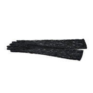 A pair of Symphony Lace Gloves, crafted from luxurious black lace, are laid out flat on a white background. The delicate lace fabric gives them a sheer and elegant appearance.