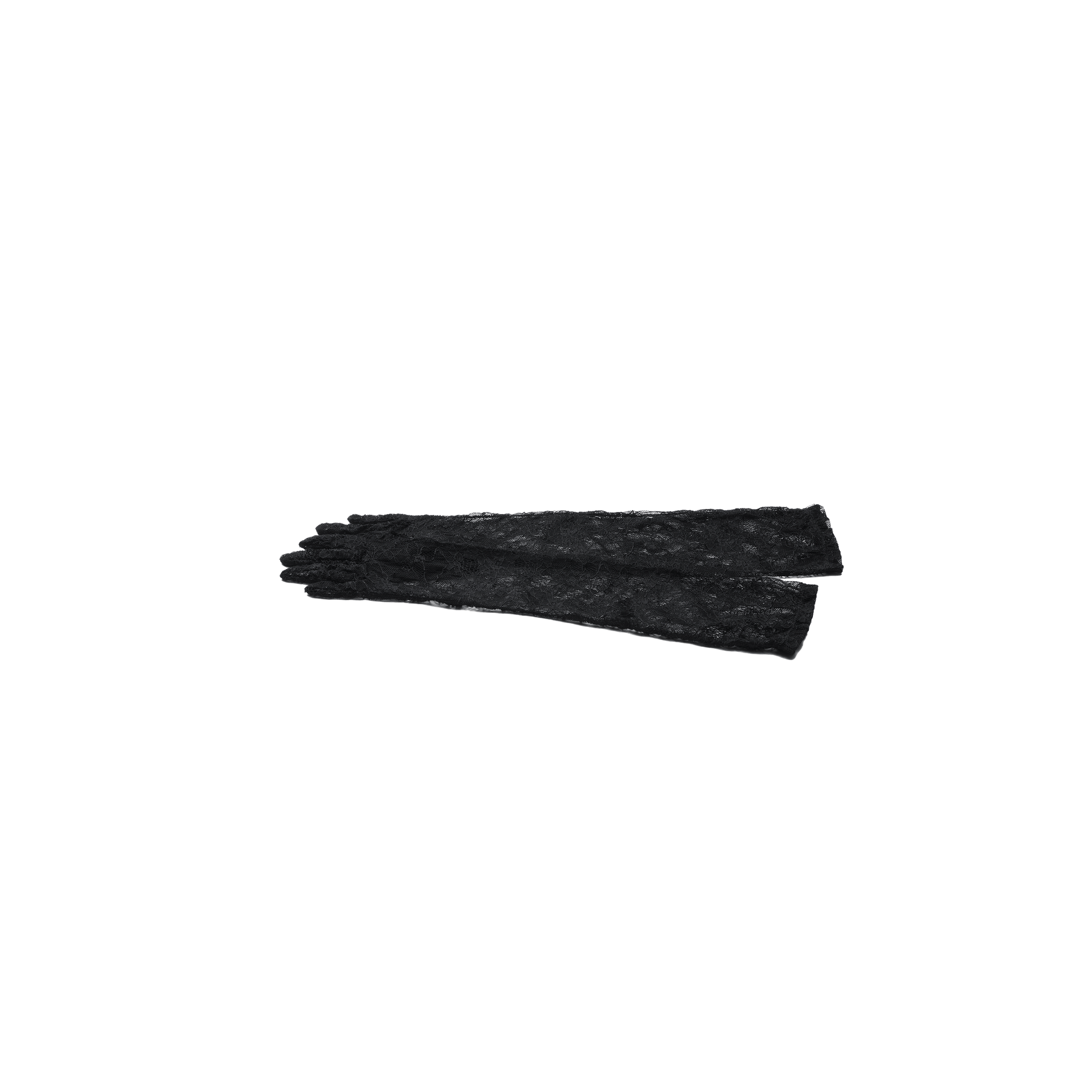 A pair of Symphony Lace Gloves, crafted from luxurious black lace, are laid out flat on a white background. The delicate lace fabric gives them a sheer and elegant appearance.
