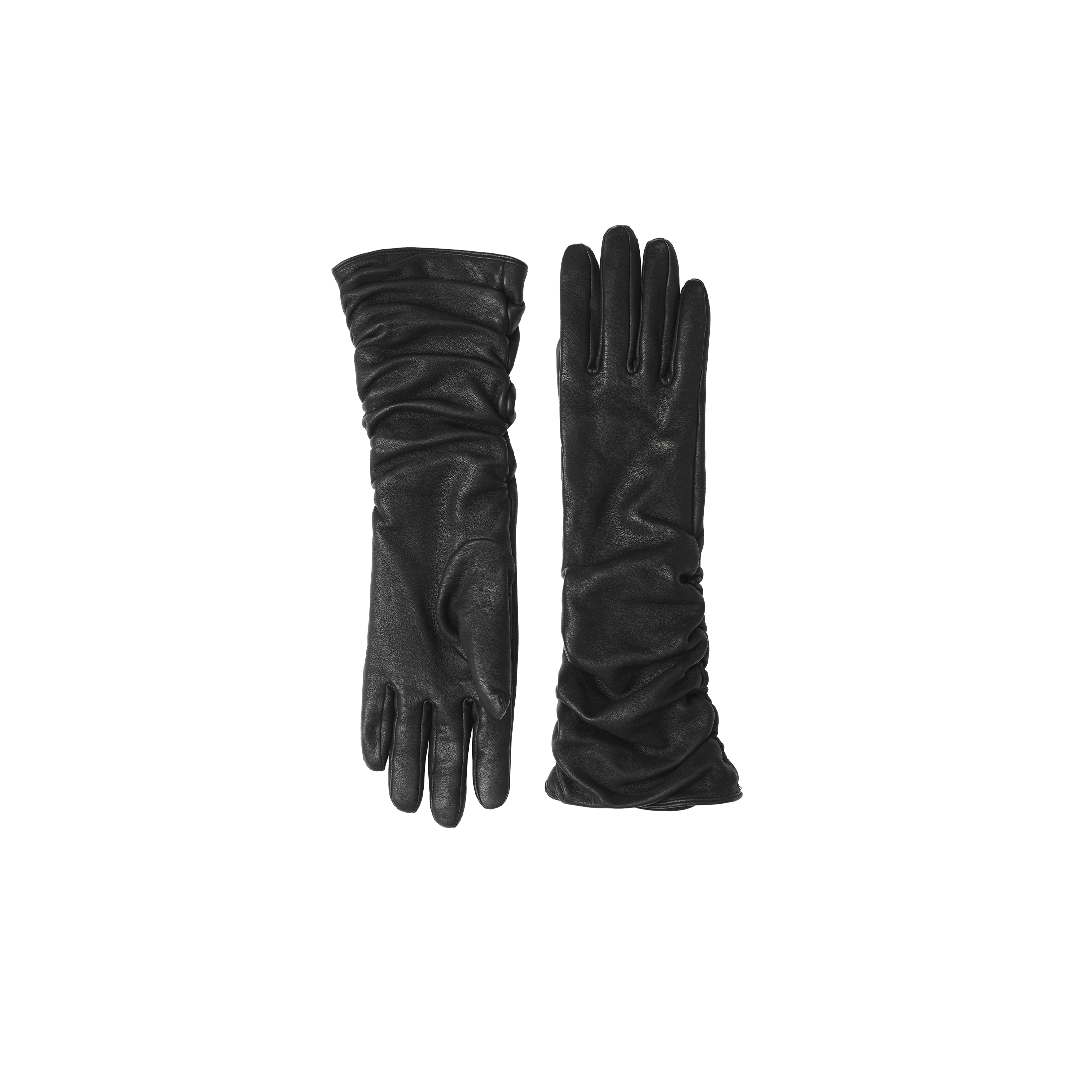 A pair of Ballad Gloves, crafted from luxurious black lambskin leather and lined with soft cashmere, is displayed against a plain white background—one glove laid flat and the other gently gathered—showcasing their sophisticated and timeless elegance.