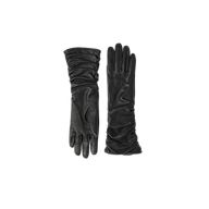A pair of Ballad Gloves, crafted from luxurious black lambskin leather and lined with soft cashmere, is displayed against a plain white background—one glove laid flat and the other gently gathered—showcasing their sophisticated and timeless elegance.
