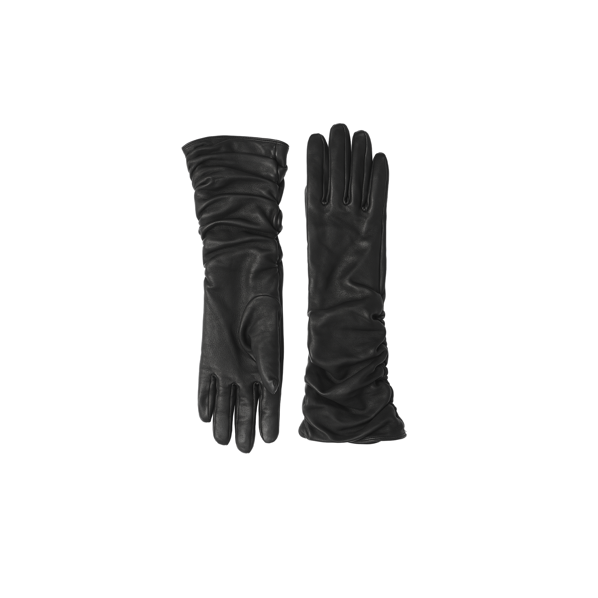 A pair of Ballad Gloves, crafted from luxurious black lambskin leather and lined with soft cashmere, is displayed against a plain white background—one glove laid flat and the other gently gathered—showcasing their sophisticated and timeless elegance.