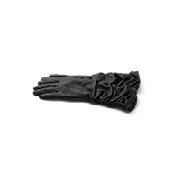 A pair of Ballad Gloves, crafted from ruched black lambskin leather, is neatly stacked on a plain white background, showcasing their refined luxury.