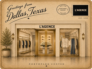 Vintage postcard-style image of the LAGENCE store at NorthPark Center in Dallas, Texas, with clothing displays, flowers, and a Greetings from Dallas, Texas message at the top.