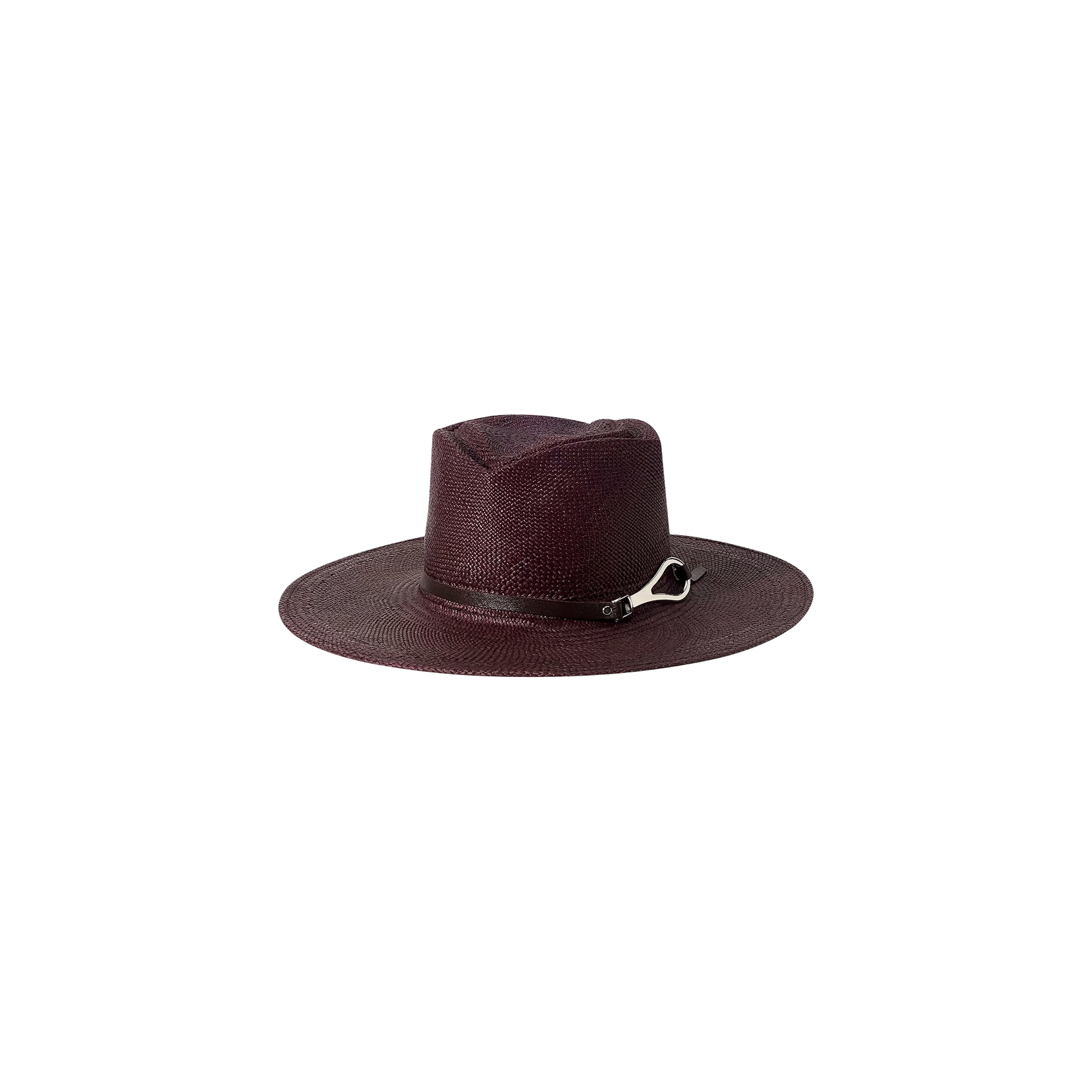 The Estella Fedora is a dark burgundy wide-brimmed hat with a flat top and a decorative leather band featuring a metallic accent, handcrafted in LA and photographed against a plain white background.