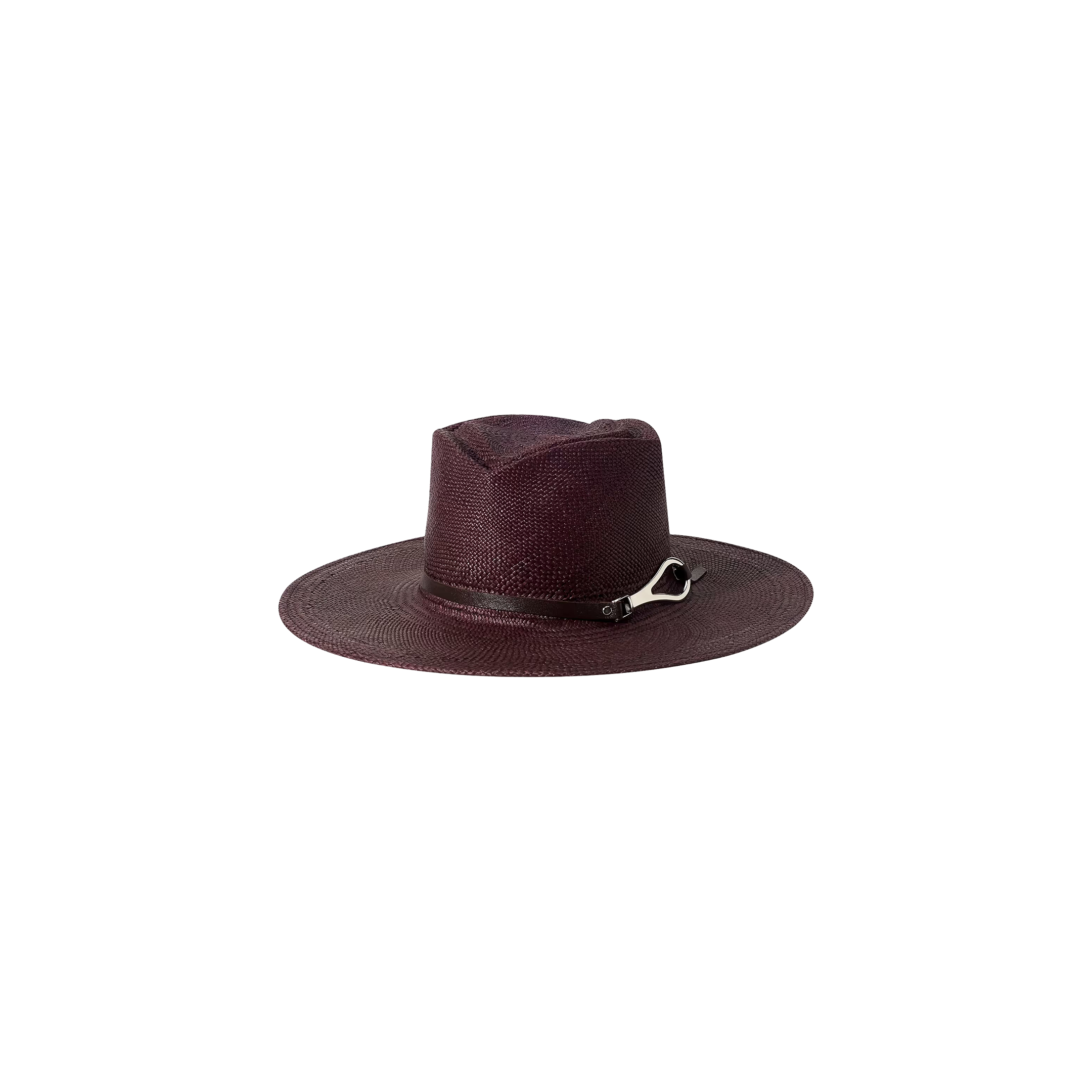 The Estella Fedora is a wide-brimmed, dark maroon hat with a flat top, accented by a handcrafted leather band around the crown and finished with a decorative silver clasp, showcased against a plain white background.