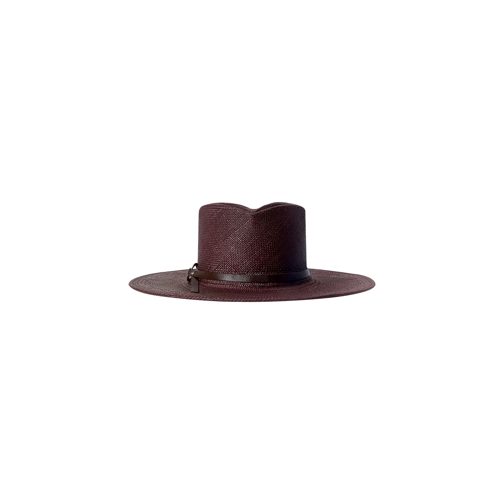 The Estella Fedora is a wide-brimmed hat crafted from textured material in a deep burgundy shade, featuring a subtle leather band encircling the crown. Handcrafted in LA, it is showcased against a plain white background.