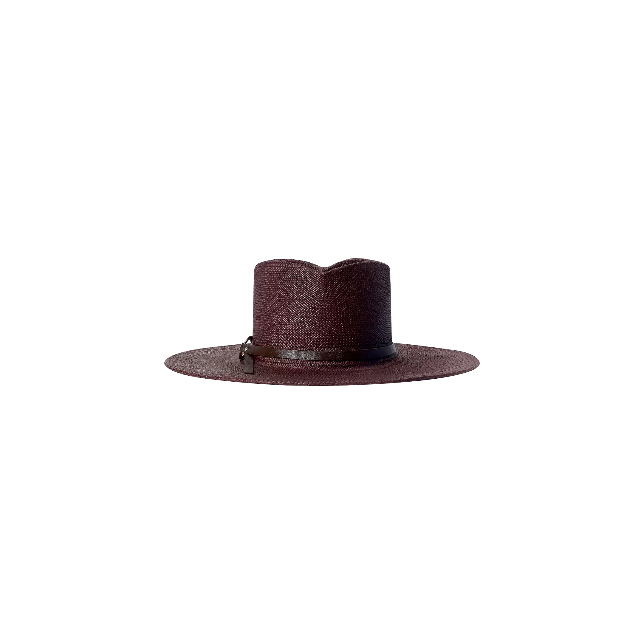 The Estella Fedora is a wide-brimmed straw hat in dark brown espresso, featuring a flat crown and a thin leather band, showcased against a plain white background.