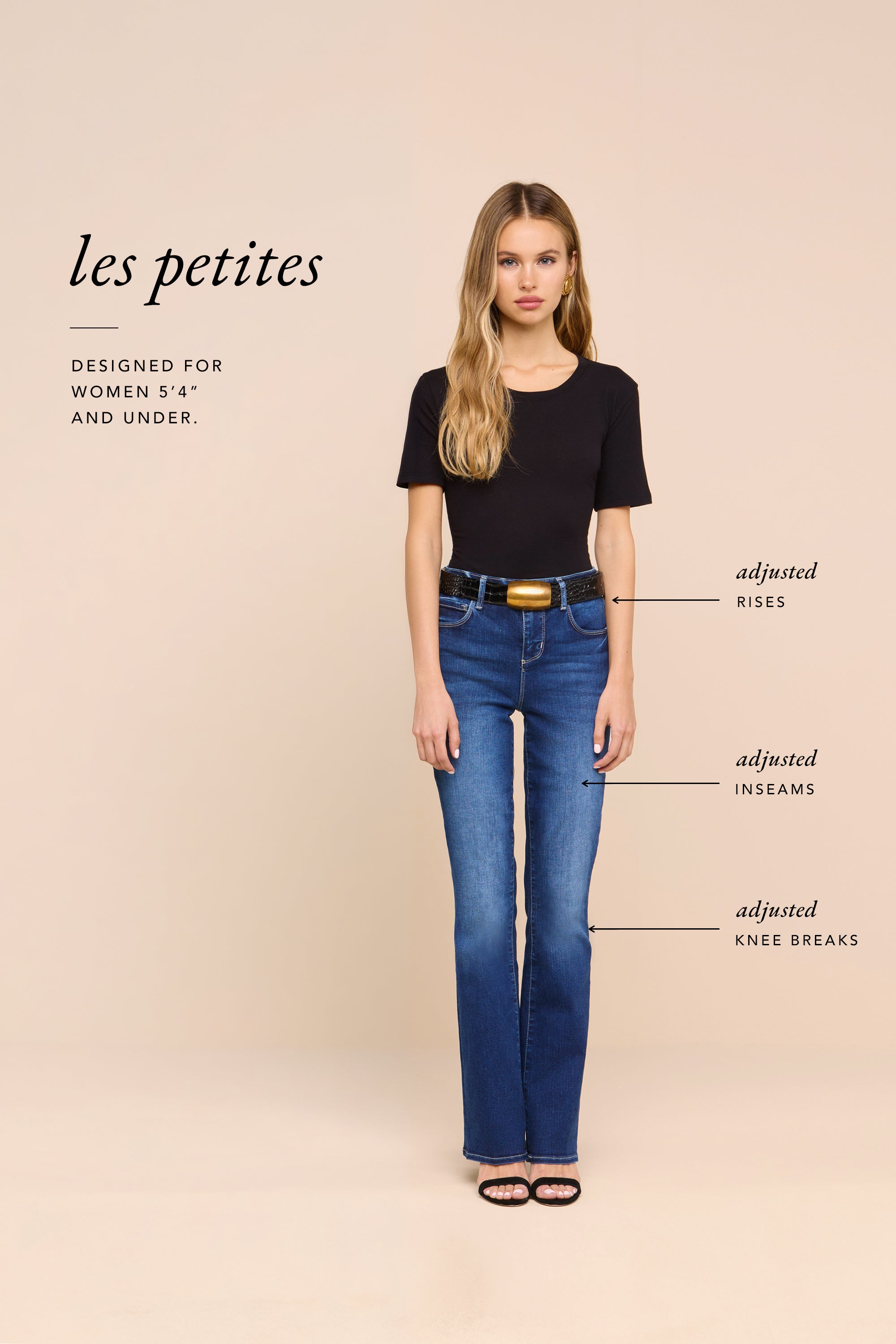 A woman in a black top and blue jeans stands against a beige background. Text reads les petites, with lines pointing to adjustments for rises, inseams, and knee breaks for women 54 and under.